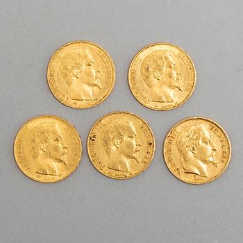 Five 20 francs coins, Napoleon III 1850-60's.