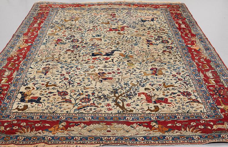 A CARPET, a semi-antique Teheran probably, a figural part silk, ca 347,5-345,5 x 242 cm.