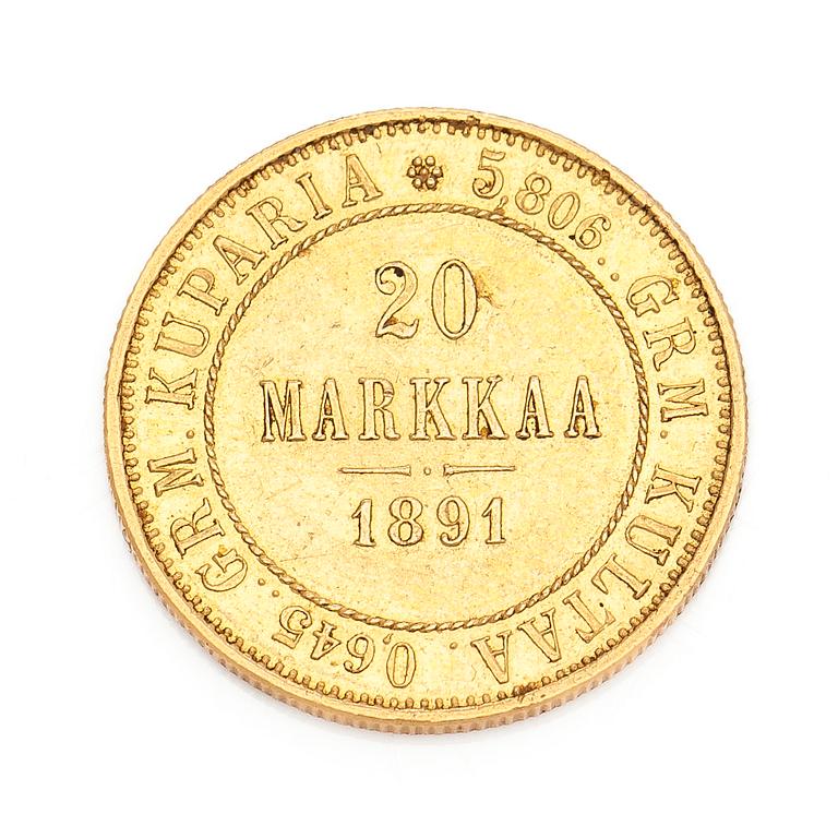 A gold coin, 20 marks, Finland 1891.