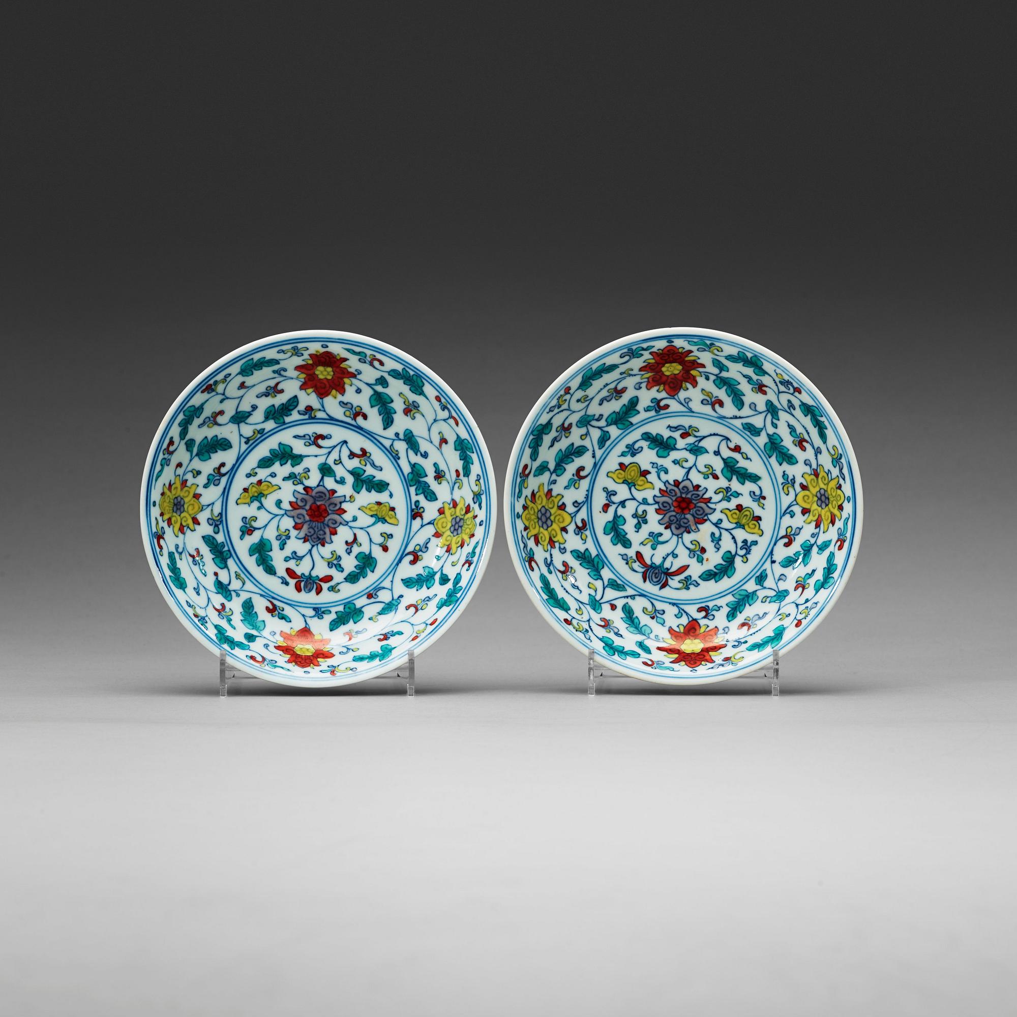 Two doucai lotus dishes, late Qing dynasty with Qianlong seal mark.