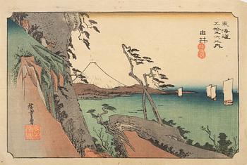 Ando Utagawa Hiroshige, after, a set of nine woodblock prints in colours, Japan, 20th Century.