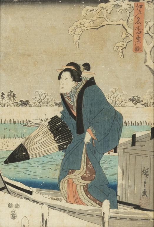 Ando Hiroshige, delvis efter, tre träsnitt samt Gekko "Elegant dam spelandes instrument".