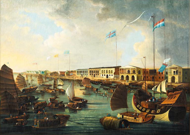 OKÄND KONSTNÄR, olja på duk. Kanton, sent 1800-tal /1900-tal.