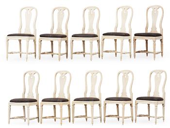 Ten matched Swedish Transition 18th century chairs.