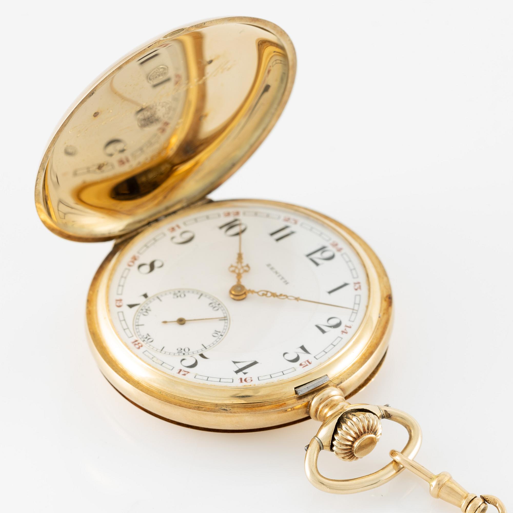 Zenith, pocket watch, 14K gold, hunter, with chain in 18K gold, 51.5 mm.