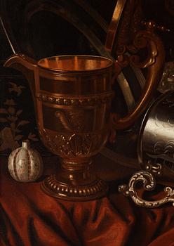 Pieter Gerritsz. van Roestraten, Still lite with objects of silver, fruits and a knife.