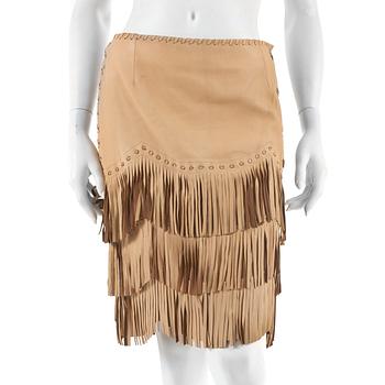 RALPH LAUREN, a beige leather fringe skirt. Size US 4.