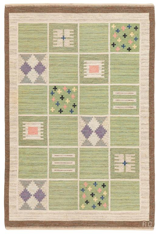 Rakel Carlander, a carpet, flat weave, c. 209 x 139 cm, signed RC.