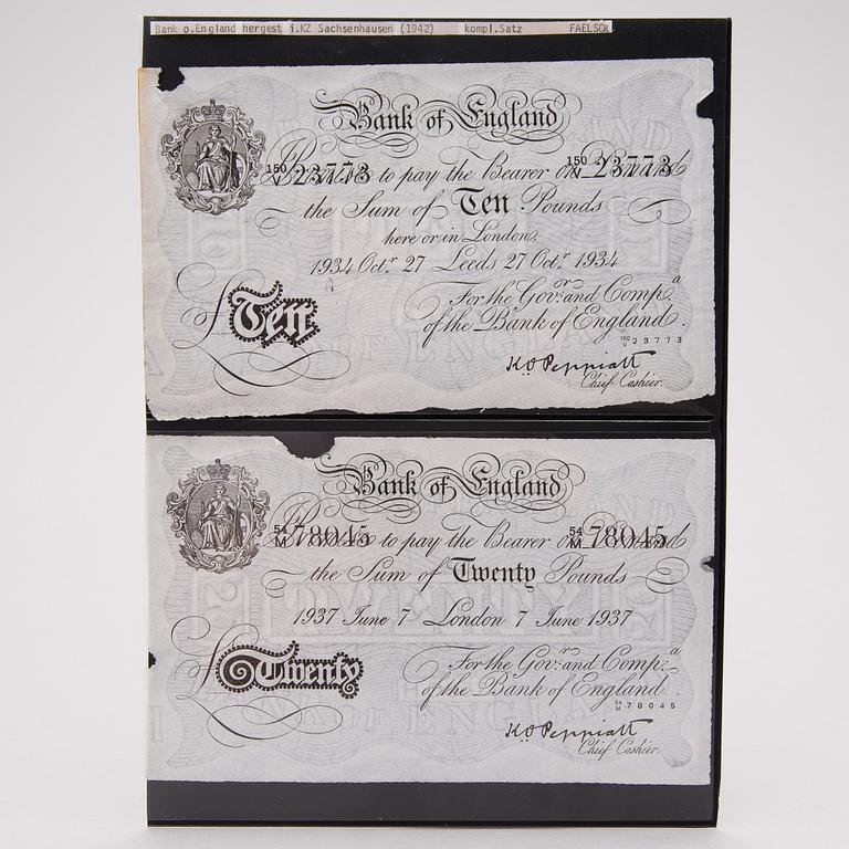 Two 1940s English bank notes, Operation Bernhard German forgeries.