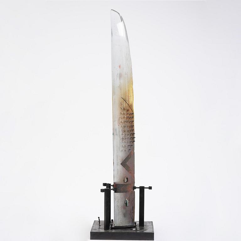 Bertil Vallien, a sand cast glass sculpture of a standing half-boat, Kosta Boda, Sweden.