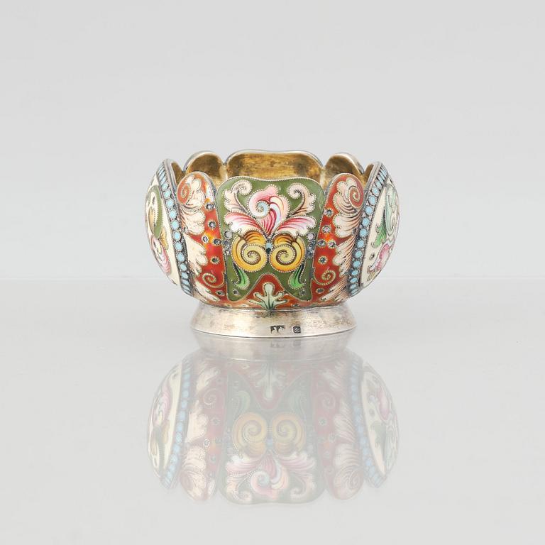 A Russian early 20th Century silver-gilt and enamel salt cellar. Assayer's mark Ivan Lebedkin.