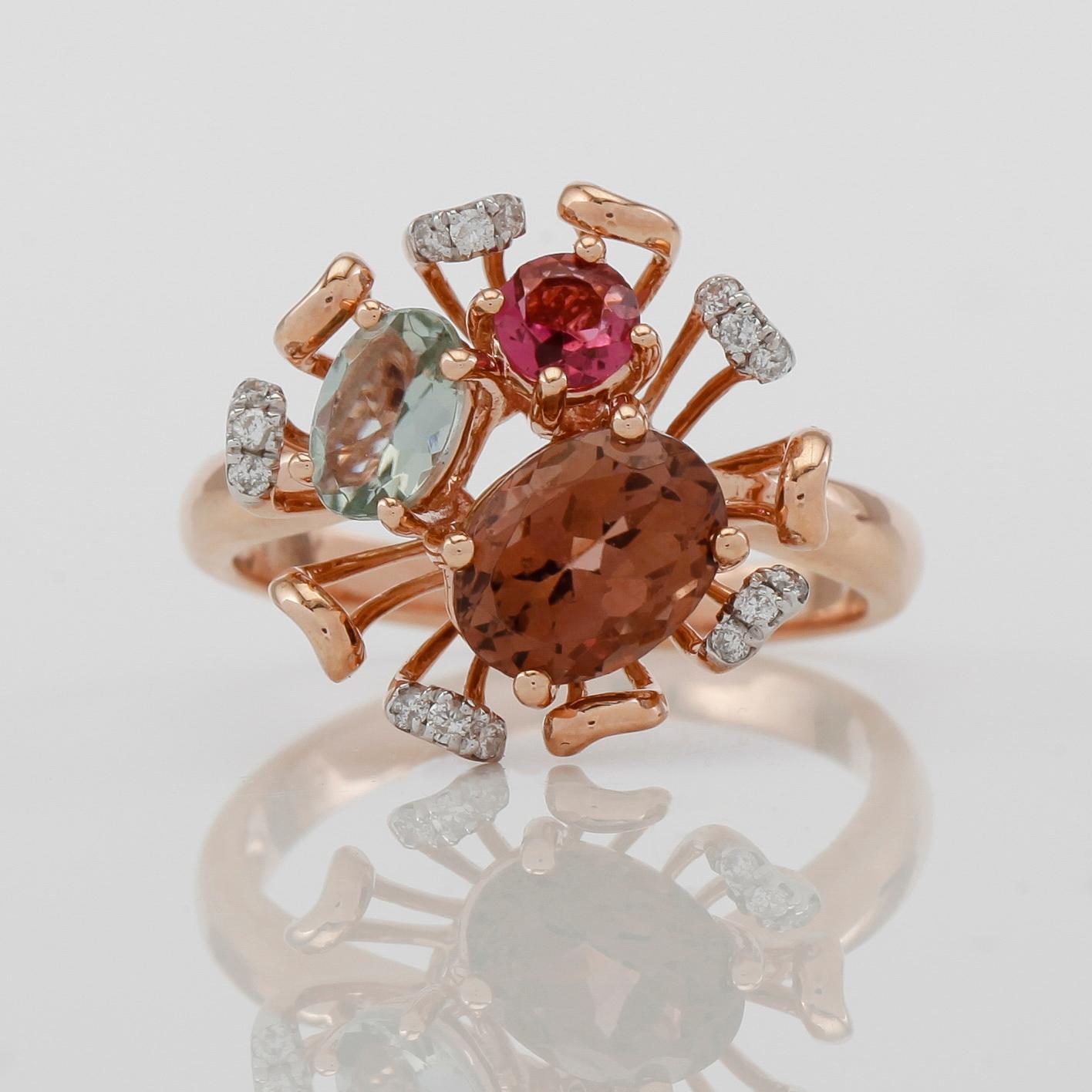 RING, 14K roséguld, diamanter och olikfärgade stenar.