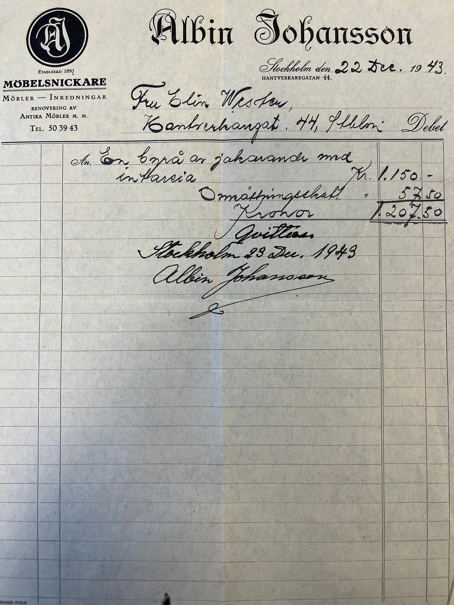 Carl Malmsten, byrå, utförd av snickarmästare Albin Johansson, Stockholm, 1943.