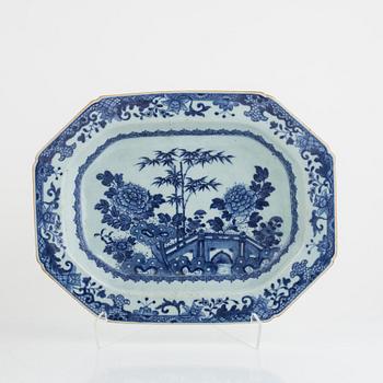 A Chinese blue and white tureen dish and two dishes, Qing dynasty, Qianlong (1736-95) and around 1800.