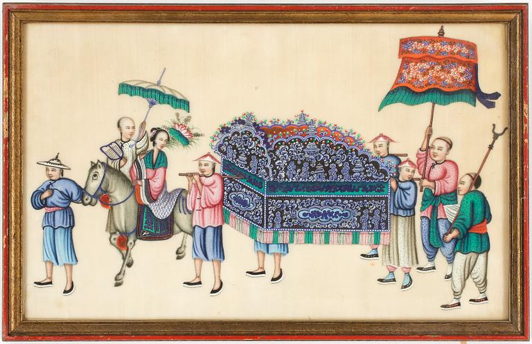 GOUACHER, 7 st, på rispapper, Kina 1800-tal.