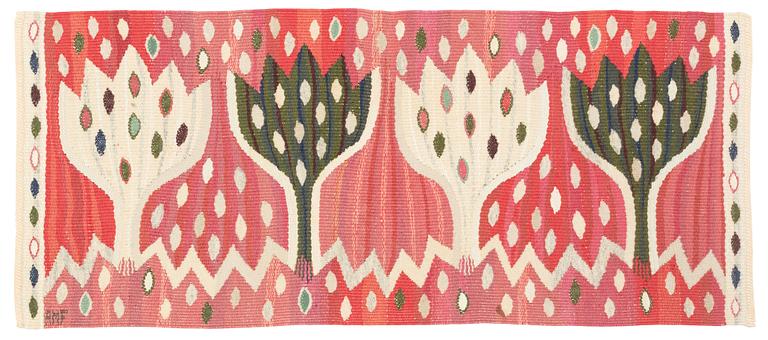 Ann-Mari Forsberg, vävnad, "Röd Crocus", gobelängvariant, ca 75 x 33 cm, signerad AMF.