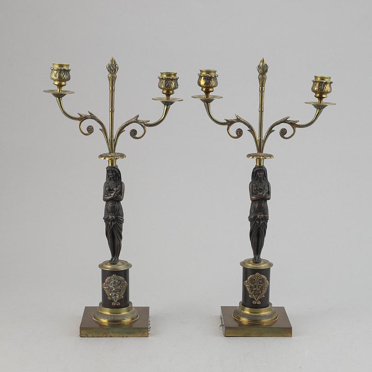 A pair of brass Empire style candle holders, 20th century.