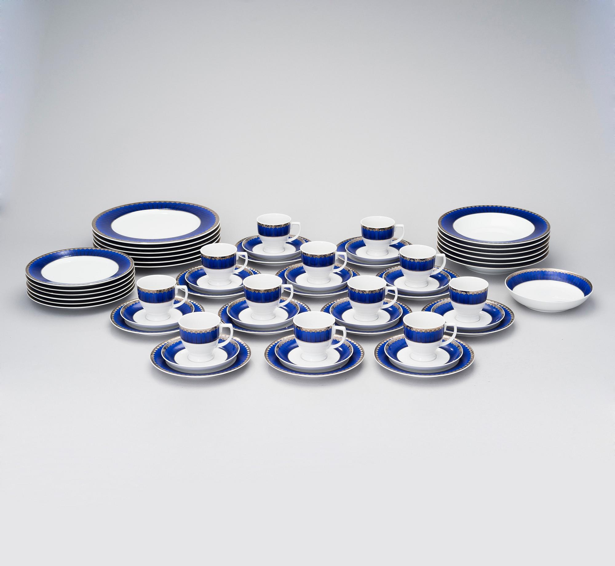 SIGVARD BERNADOTTE, 43 piece, porcelain tableware, "Christineholm"/"Marianne Royal Blue" Millenium 2000.