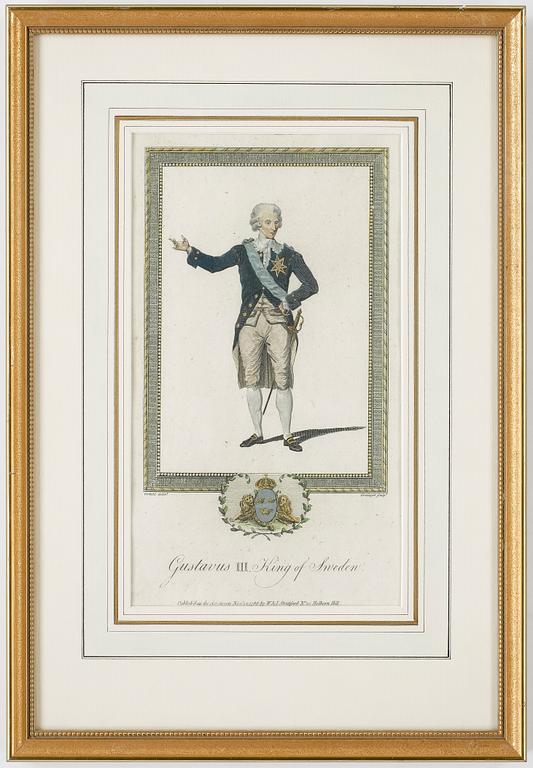 GRAVYR, handkolorerad, Gustav III, W&I Stratford, London, 1788.