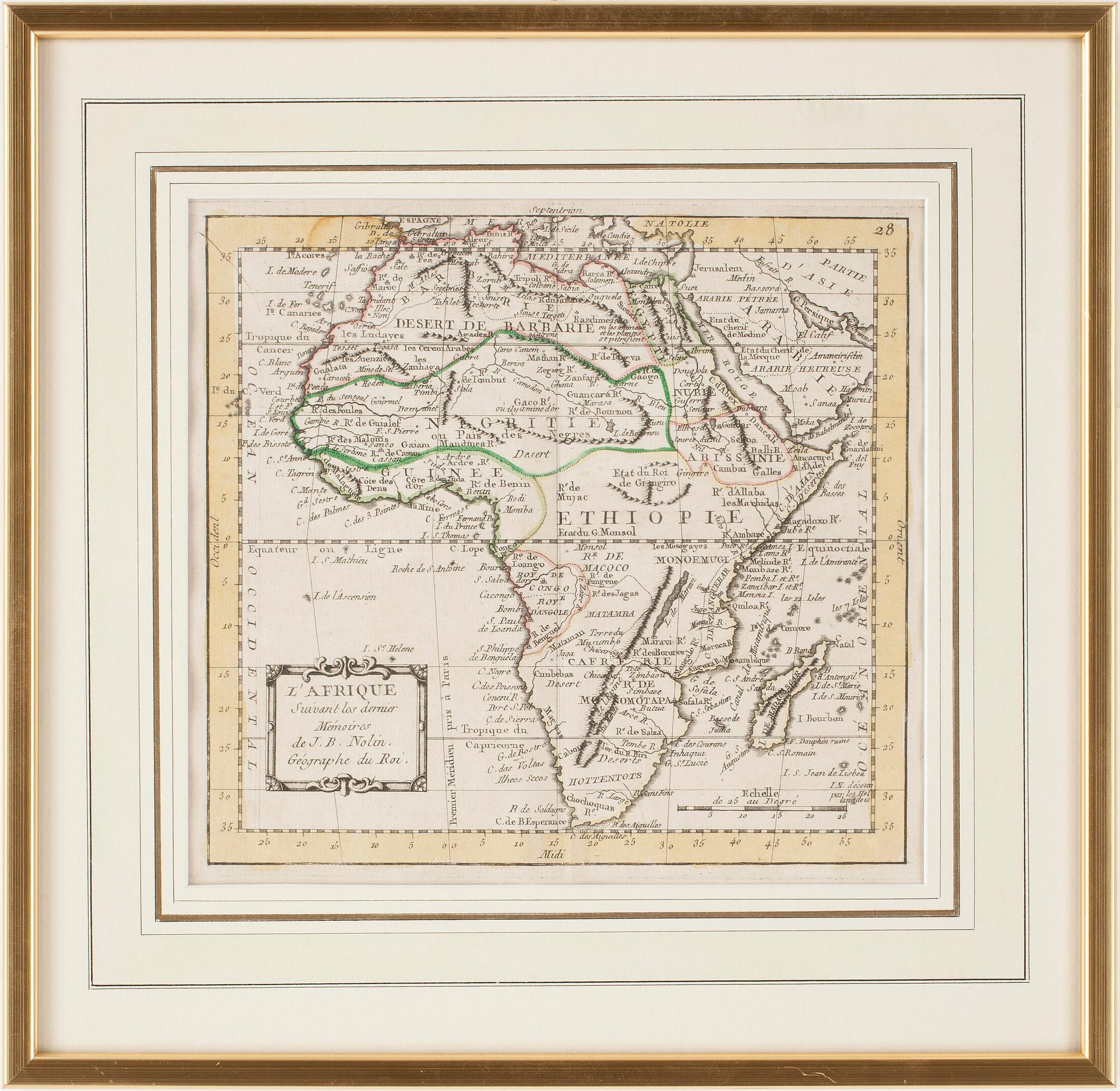 KARTOR, 2 st, kolorerade gravyrer, bla J B Nolin, 1700-tal.