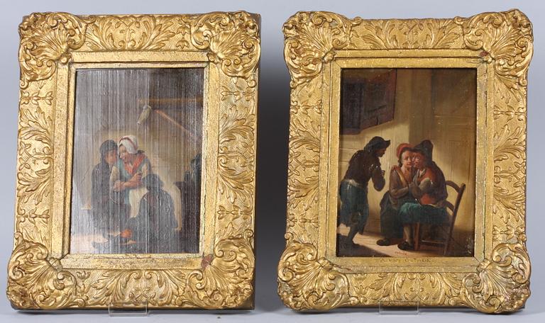 OKÄND KONSTNÄR, 2 st, kopior i A. van Ostades art, olja på pannå, 1800-tal.