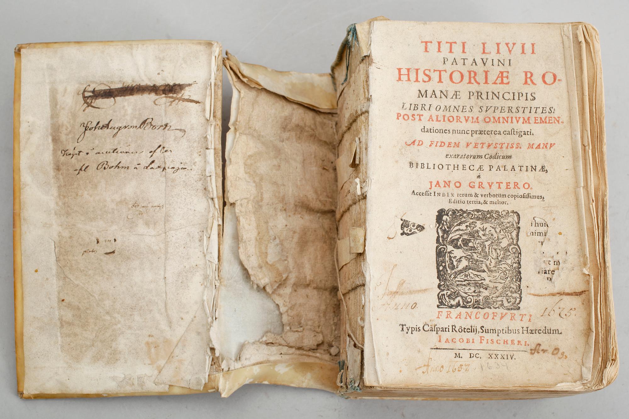 BOK: Titi Livii Patavini Historiae Romanae Principis, Jano Grutero, tryckt 1634 Jacobi Fischeri.