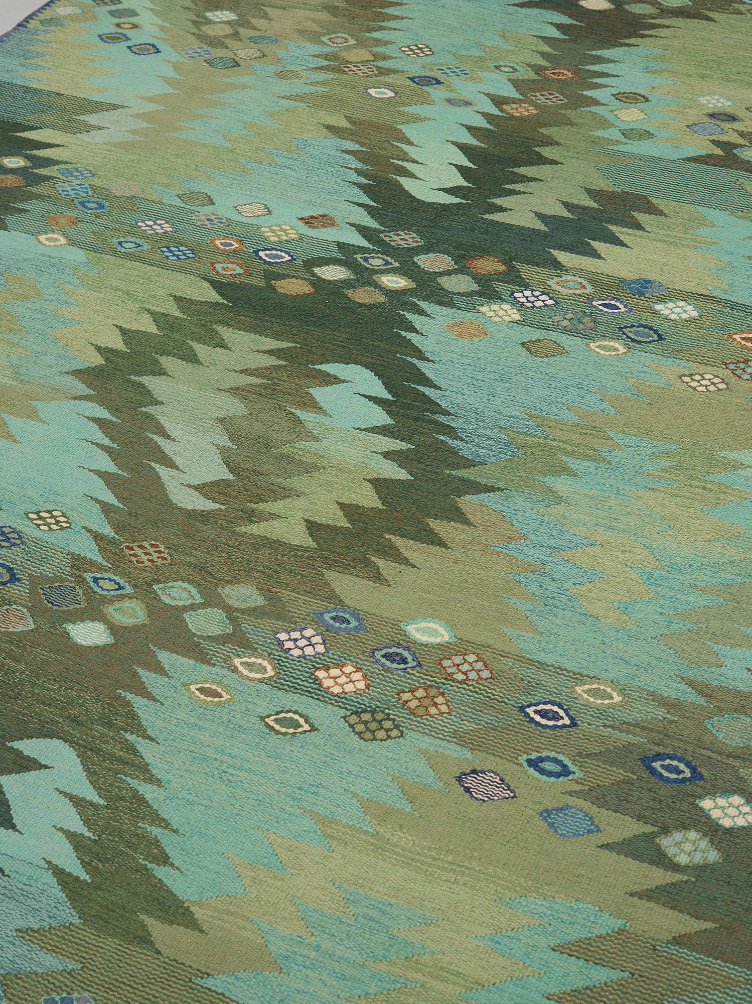 BARBRO NILSSON, A CARPET, "Tånga, grön", flat weave, 357,5 x 235,5 cm, signed AB MMF BN.