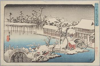Ando Hiroshige, after, three woodblock prints, 20th century.