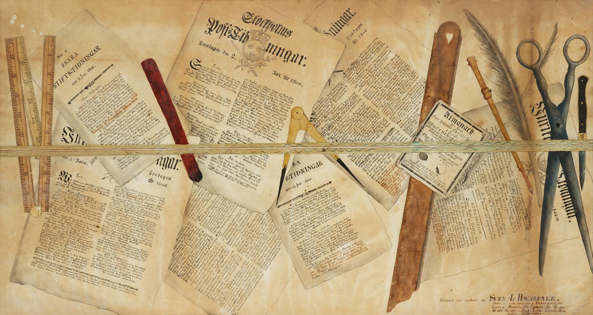 Trompe l'oeil with scissors, knife, quill and news paper.