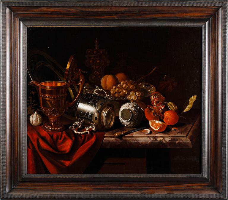 Pieter Gerritsz. van Roestraten, Stilleben med frukter, kniv och pokaler.