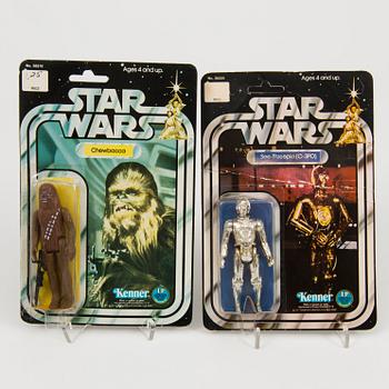 Two vintage Star Wars Chewbacca and C-3PO 12 backs in original packagings, Kenner 1978.