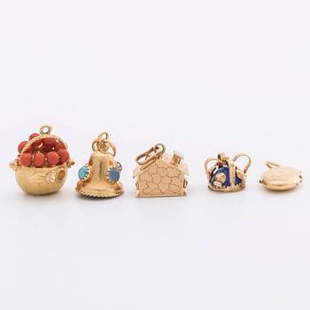 5 CHARMS 18K and 14K gold, blue, red, green stones.