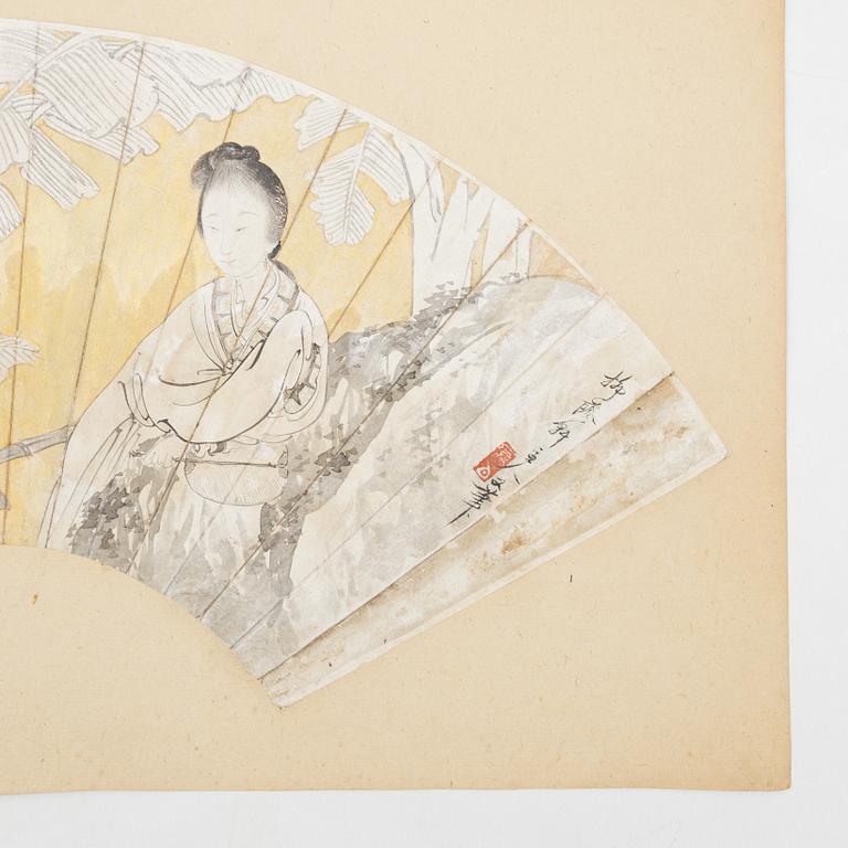Unidentified artist, so-called "Fan painting", Elegant lady in a garden with banana trees, China, 20th century.