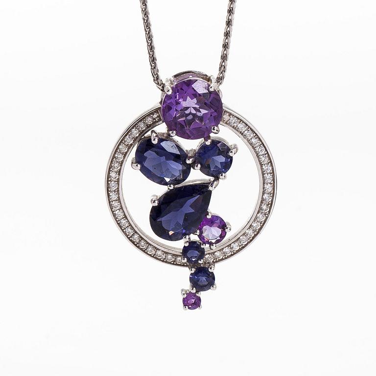 A 14K/18K white gold necklace, with amethysts, cordierites and diamonds.