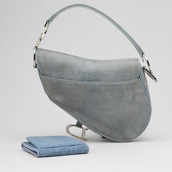 CHRISTIAN DIOR, a blue leather "Saddle Bag" and wallet.