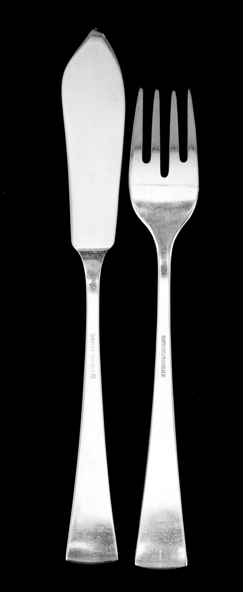 FISKBESTICK, 28 delar, nysilver, CG Hallberg resp GAB, Stockholm, 1900-talets första hälft.