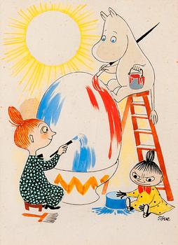 329. Tove Jansson, MUMIN OCH MYMLAN MÅLAR PÅSKÄGG.