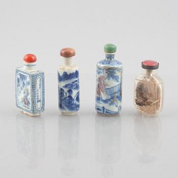 A group of nine Chinese glass and porcelain snuffbottles, 20th century.