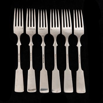 BESTICK, 6+6 "Musslan" silver, Helsingfors 1936-1950. Knivbladen stål. Sammanlagd vikt ca 748 g.