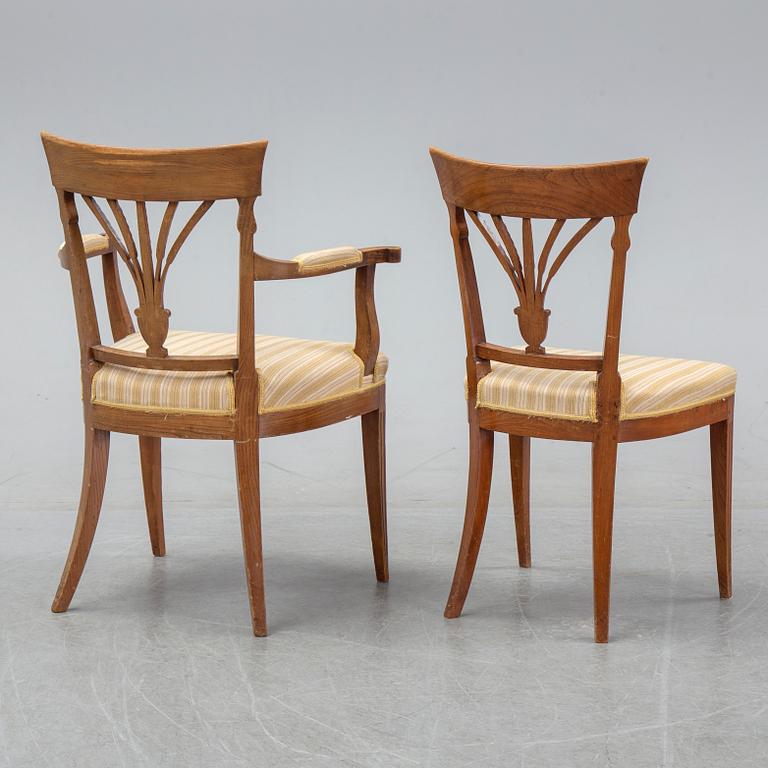 A set of four French Directoire chairs and four Directoire-style chairs, circa 1800 and circa 1900 respectively.