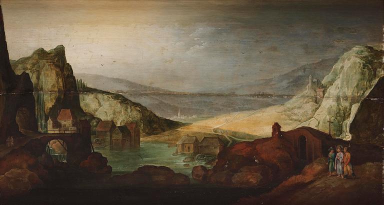 Joos de Momper, attributed to, Mountain landscape with wandering figures outside the village.
