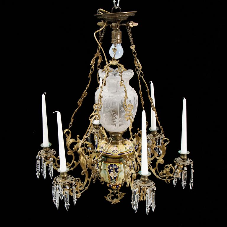 An Oscarian maiolica and brass five-light chandelier, ca. 1900.