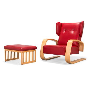 Alvar Aalto, nojatuoli ' High back tank'  E400 för Artek 1999. Ben af Sculten, rahi 445 Artek 1999.