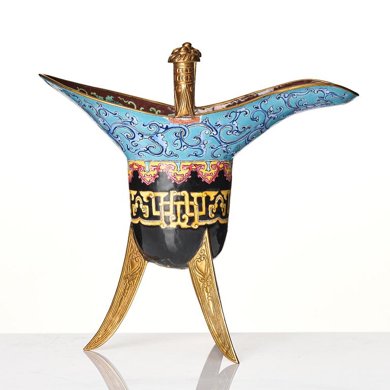 A Canton enamel and gilt bronze tripod ritual wine vessel 'jue', Qing dynasty.