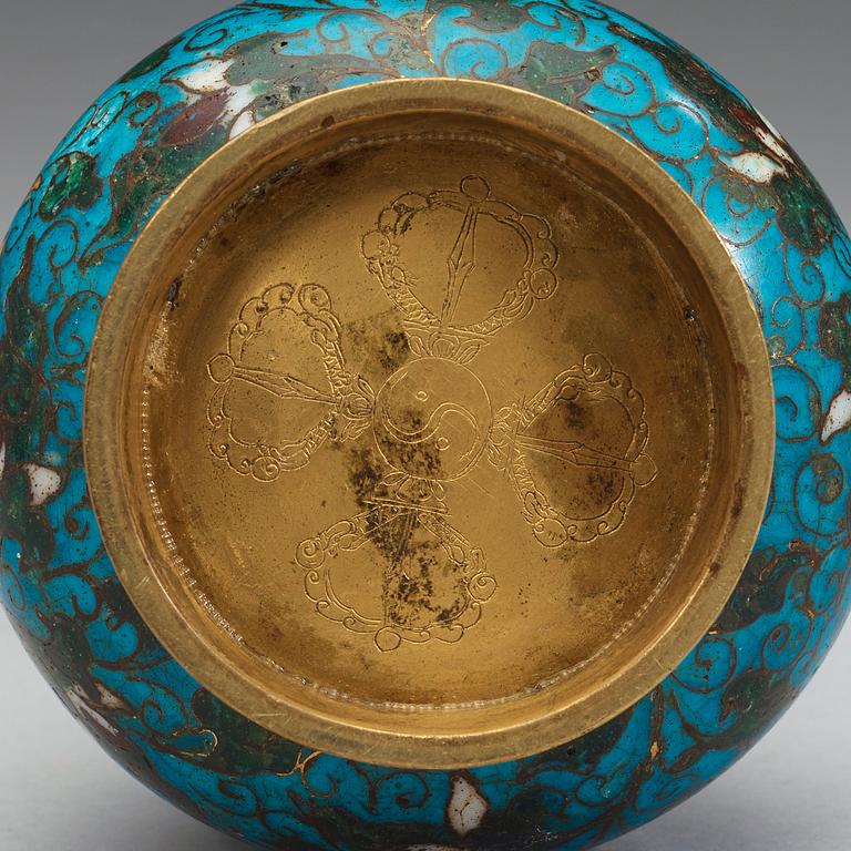 A cloisonné vase decorated with lotus-scrolls, and dragon- shaped gilded handles, Ming Dynasty (1368-1644).