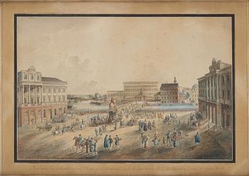 Johan Fredrik Martin, "Norrmalms Torg i Stockholm med Utsigt af K Slottet, K. Gustaf Adolphs Statüe, H.K.H. Prinsessans Palais o Opera Huset".