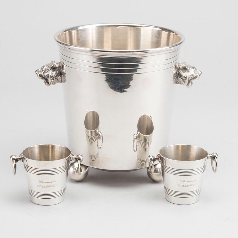 A plated ice bucket and two miniature Bollinger ice buckets. Mid 20th century / latter.