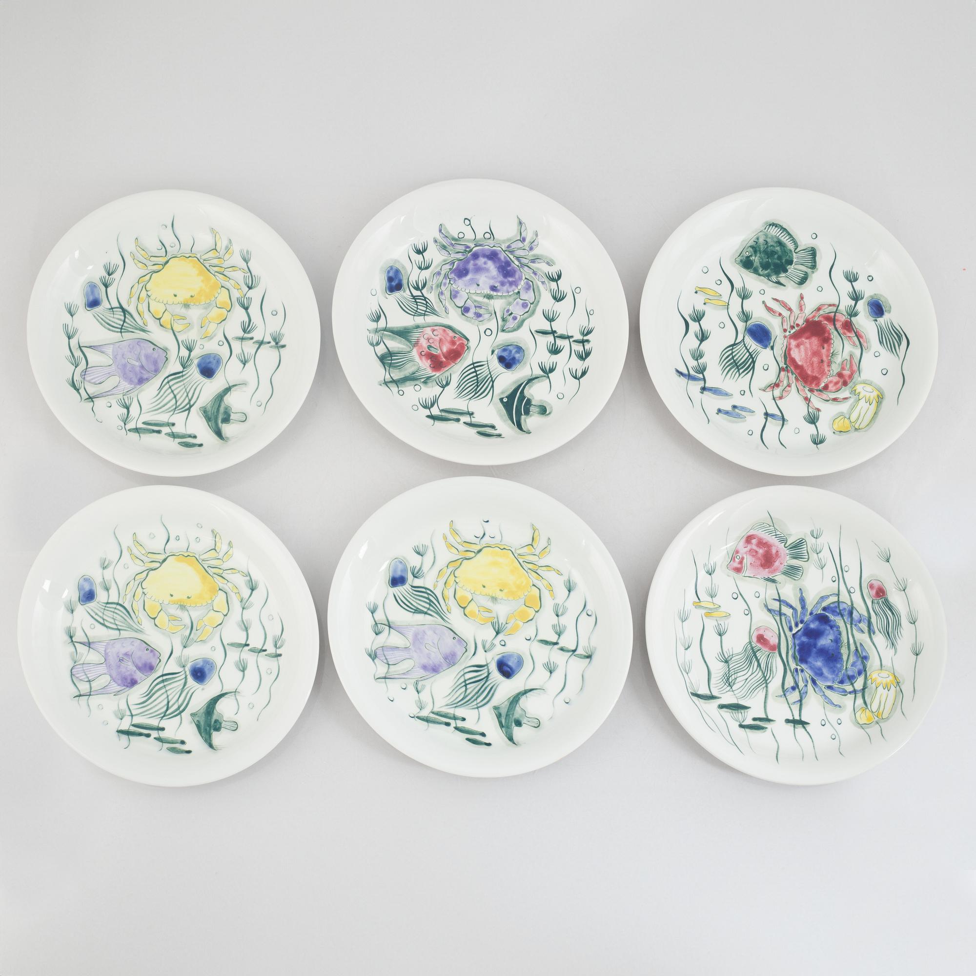 Anja Juurikkala, six 'Crayfish' plates, Arabia, Finland, 1953-1960.