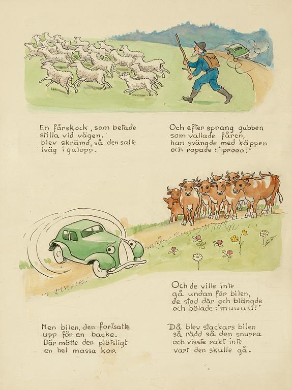 Elsa Beskow, The red bus and the green car. Illustrated children's story by Elsa Beskow.