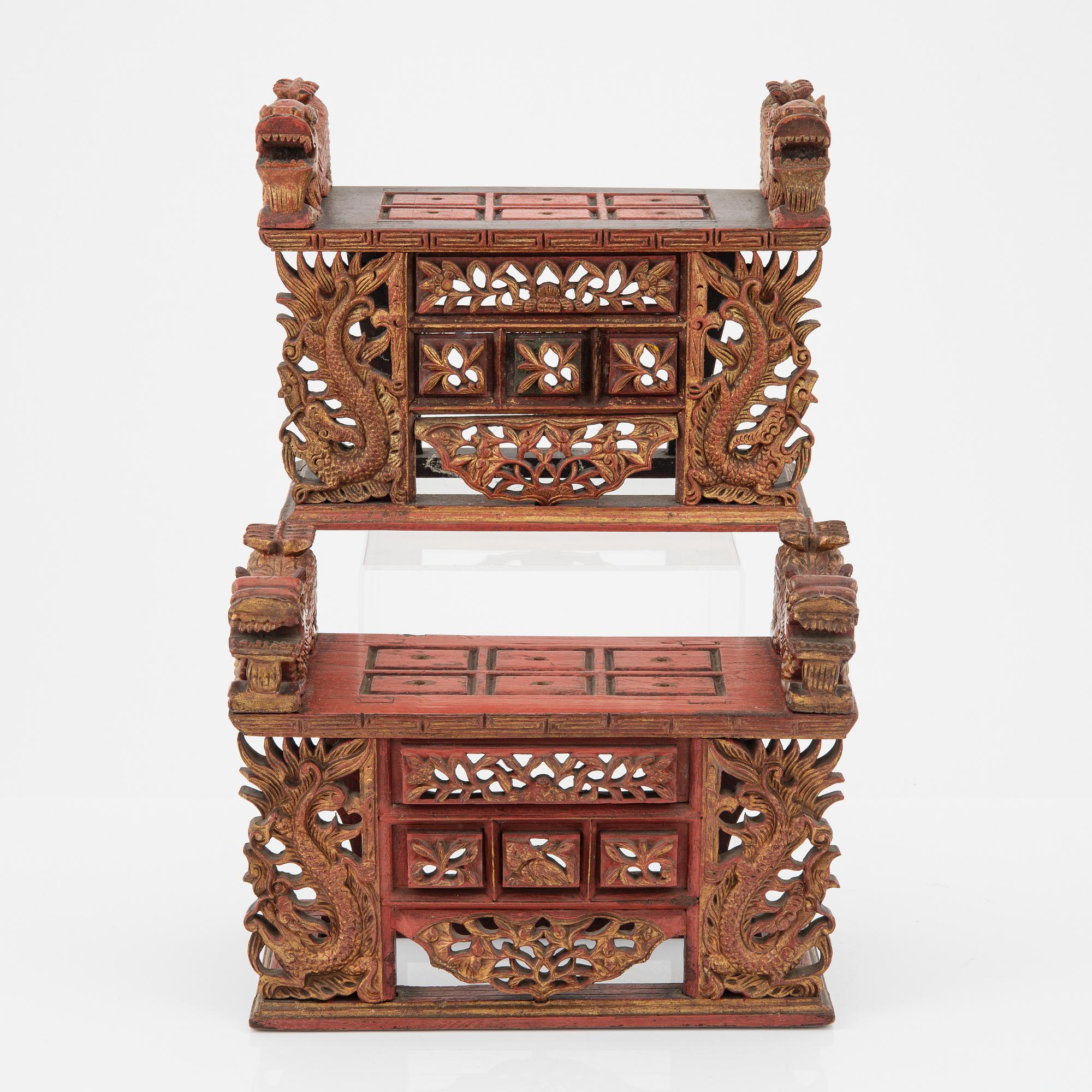 Two red lacquer and gilded altar tables, Indonesia, Jakarta, 20th Century.